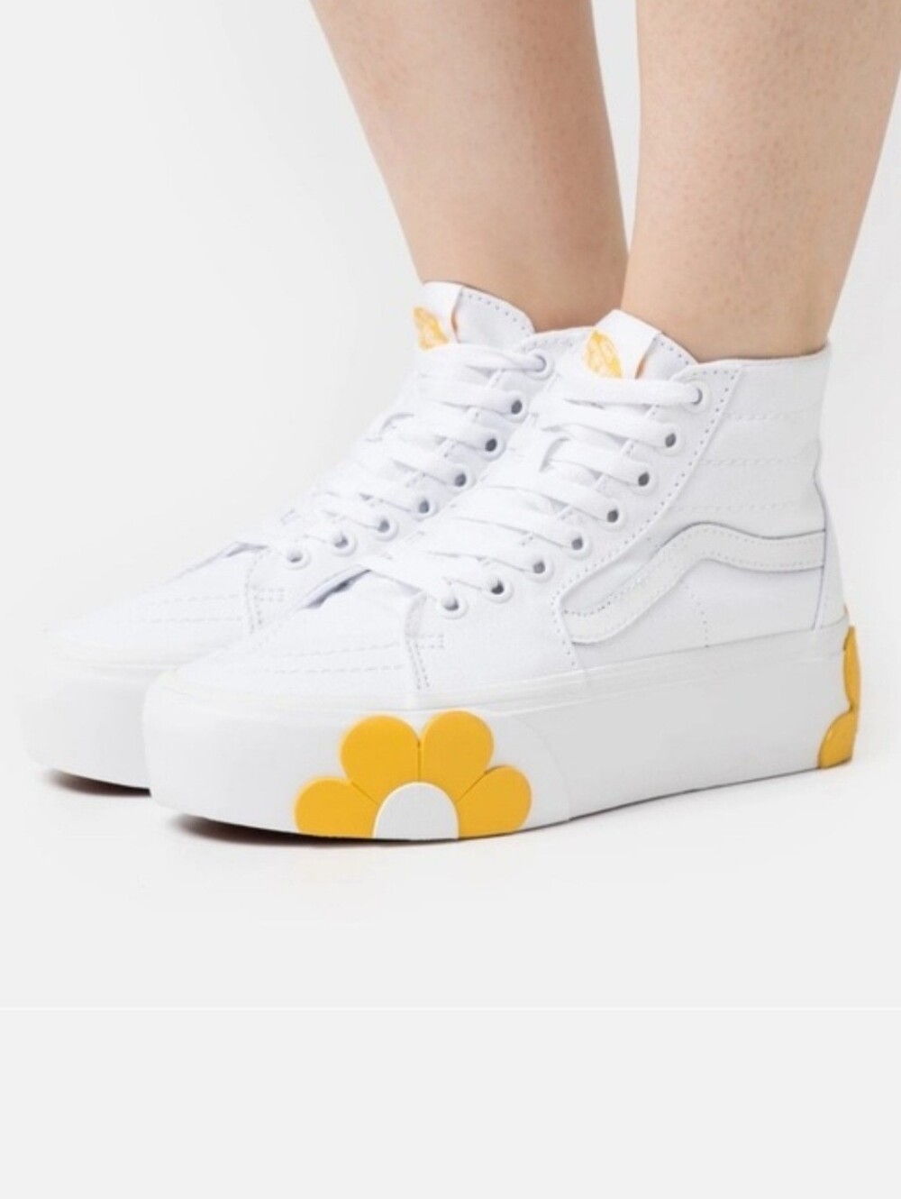 Vans Sk8-Hi Tapered Stackform Platform True White Yellow Flower Canvas Shoe SZ 8